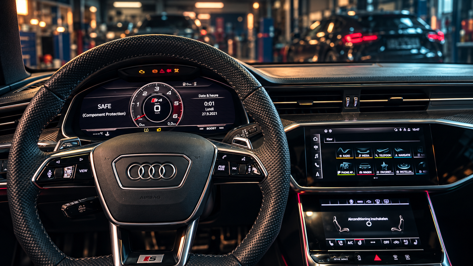 Audi-interieur met digitaal instrumentenpaneel en centraal infotainmentscherm